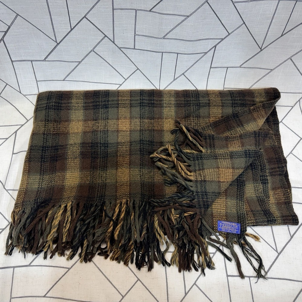 VTG 60s‎ Pendleton Wool Blanket Throw Green Black Plaid Tartan Check Fringe READ